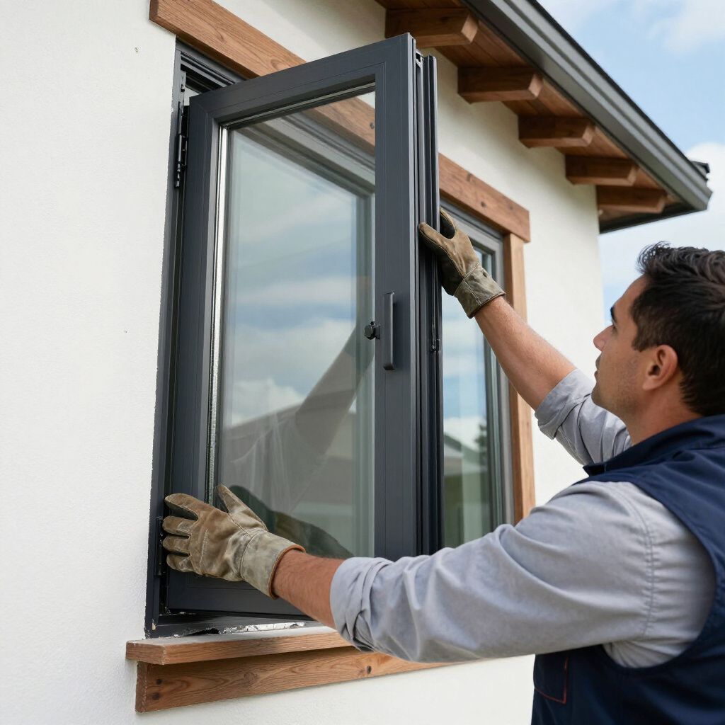 Man installing window. He is wearing gloves and working outside.