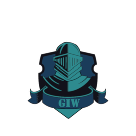 A shield-shaped emblem with a knight's helmet, teal and navy blue, and the initials