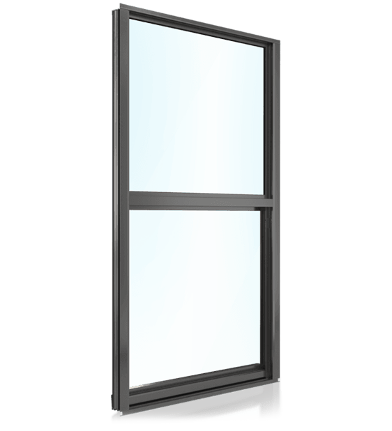 A picture of a double hung window with a black frame on a white background.