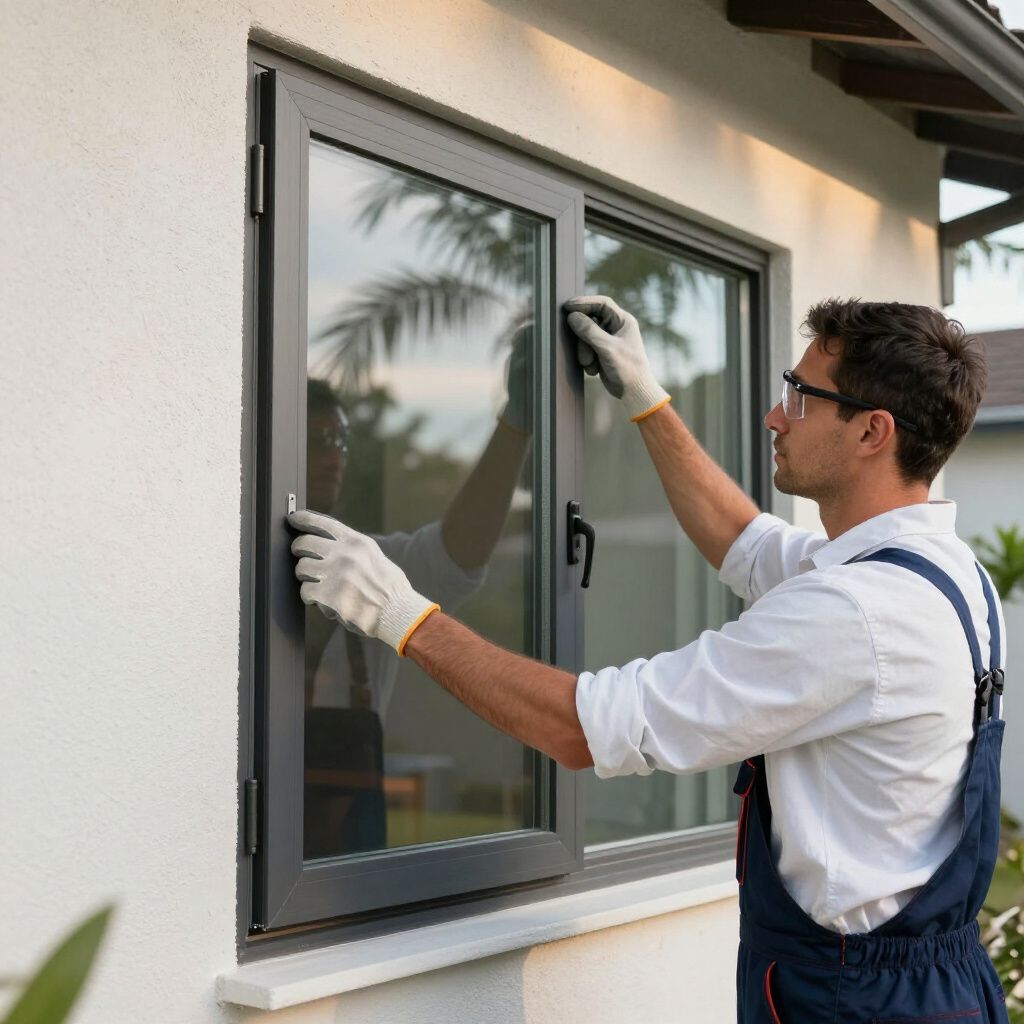 Man installing window wearing gloves and overalls outside.