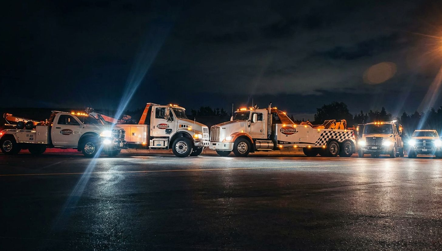 A line of white tow trucks parked side-by-side on an asphalt lot at night with their headlights and emergency lights on.