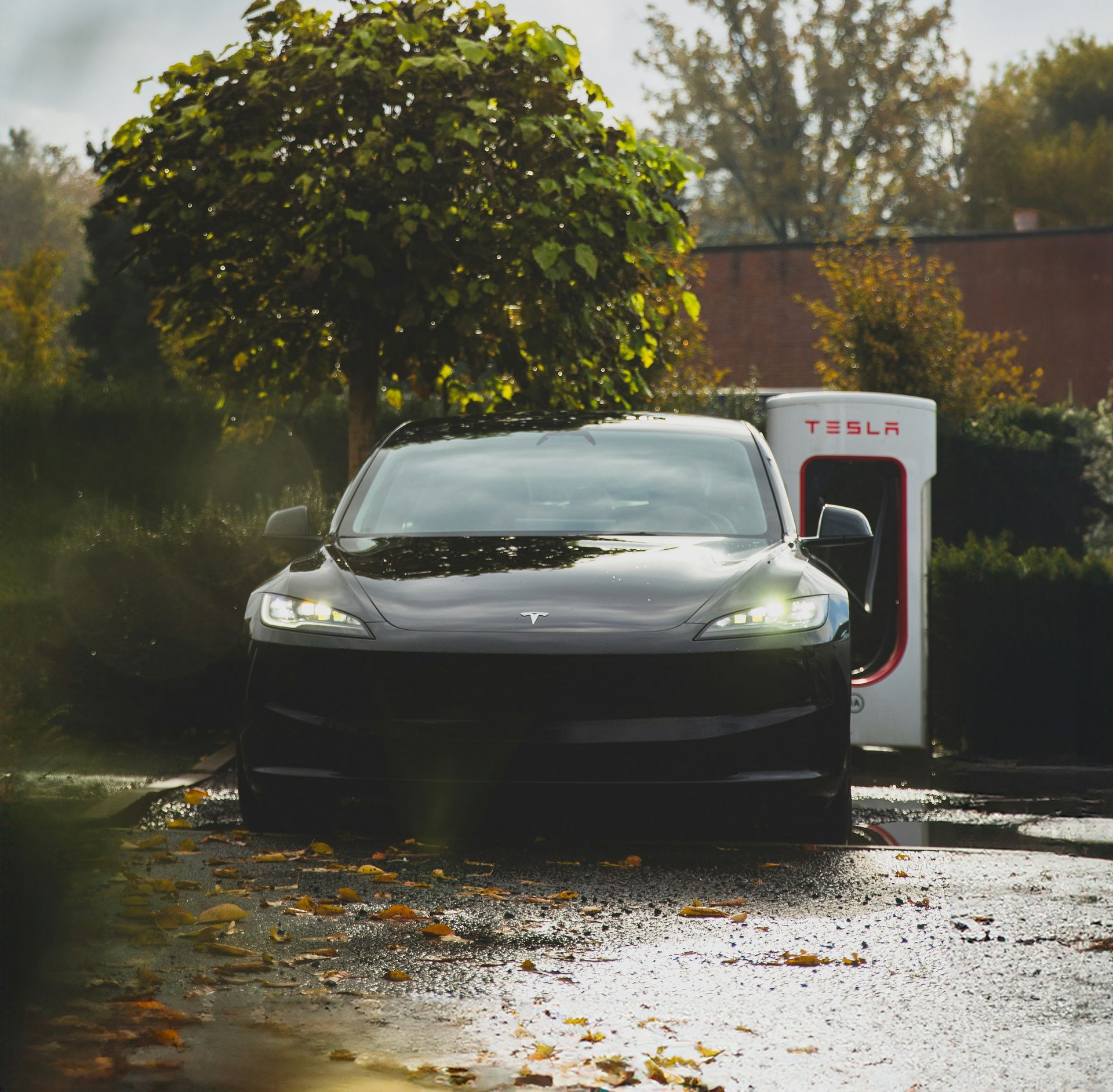 A black Tesla Model 3 parked and charging at a Tesla Supercharger station on a wet, leaf-strewn ground.