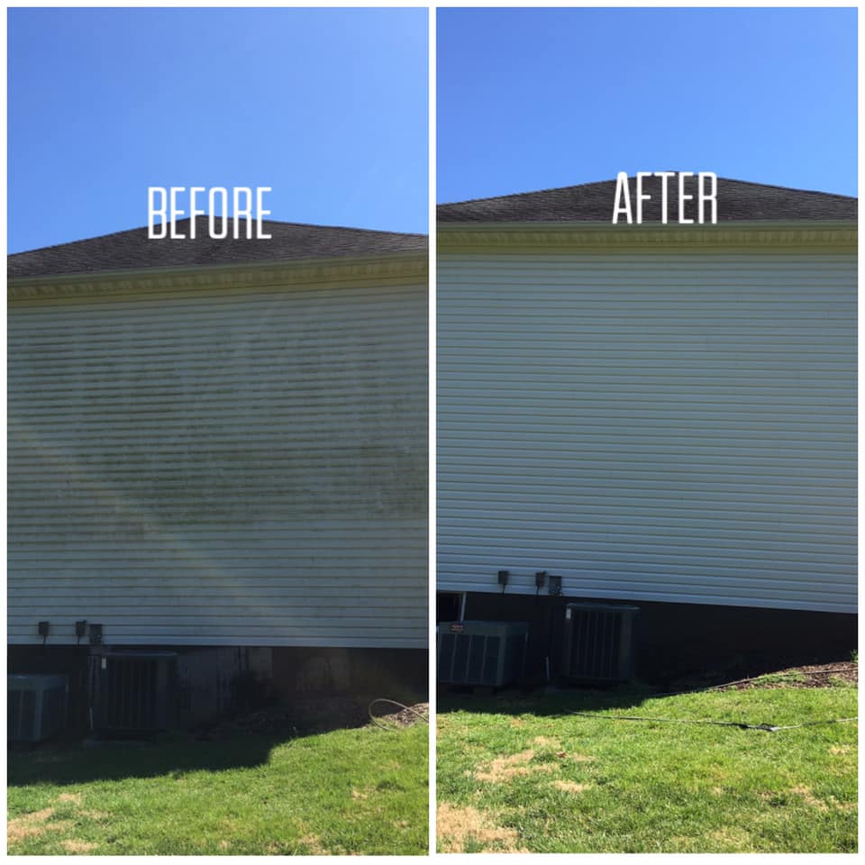 A before and after picture of a house 's siding being cleaned.