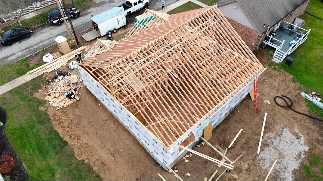 An aerial view of a house under construction.