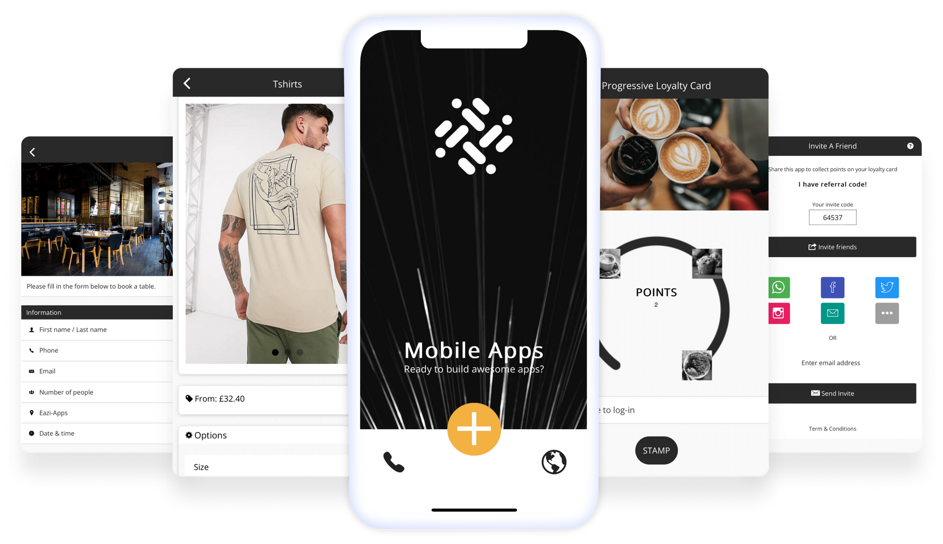 Mobile apps interface showcasing user-friendly features and design, with a central app emphasizing a contact button.