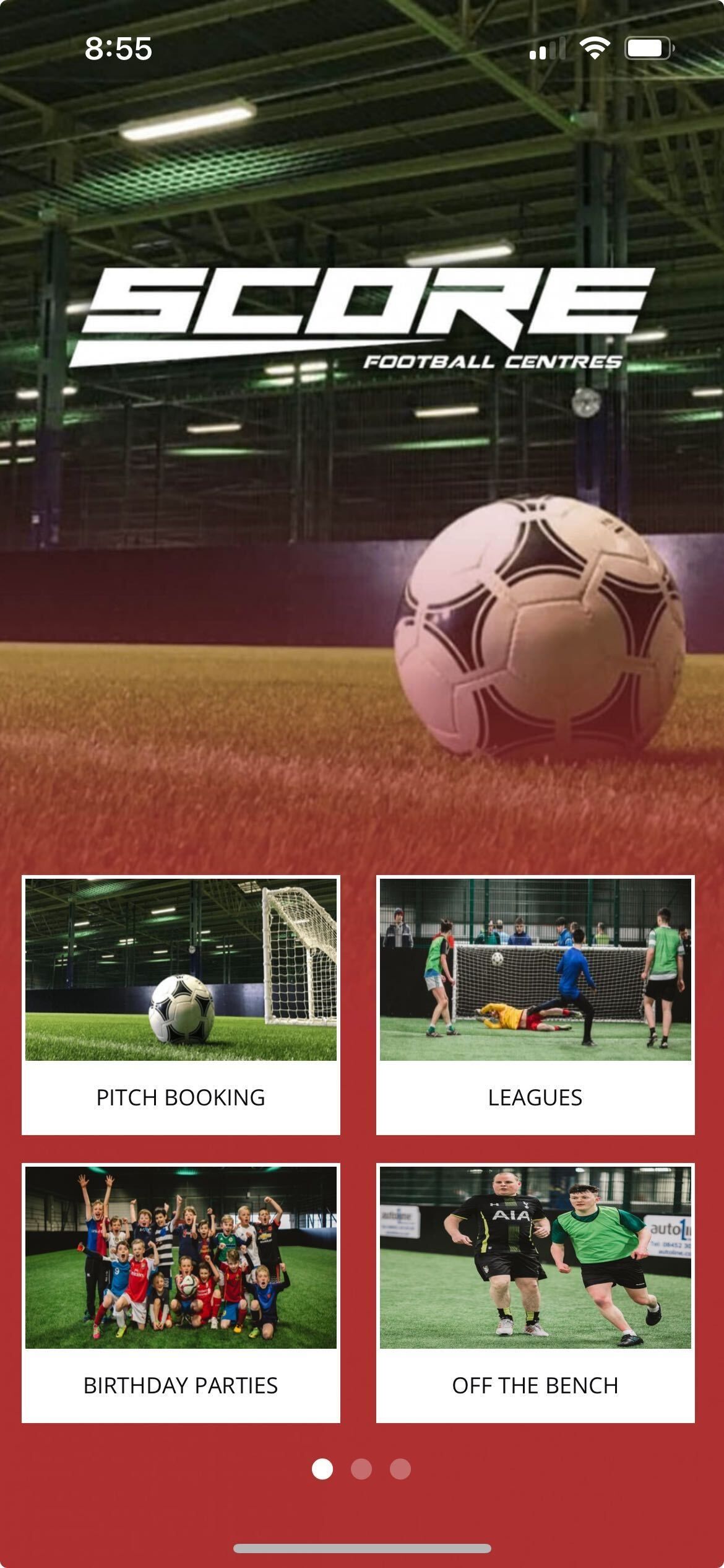 Soccer app with logo, large soccer ball, and four image options: training, games, leagues, and style.