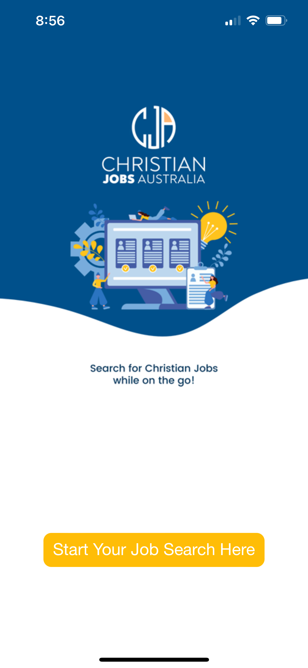 Christian Jobs Australia app launch screen. Blue background, yellow 