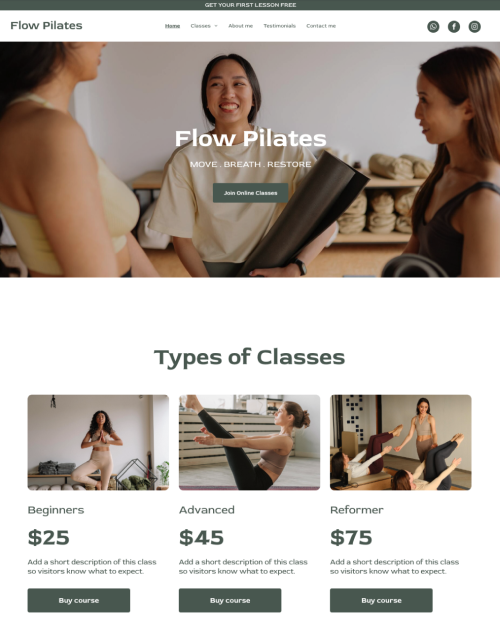 Website homepage of Flow Pilates with images of people, class types, and pricing.