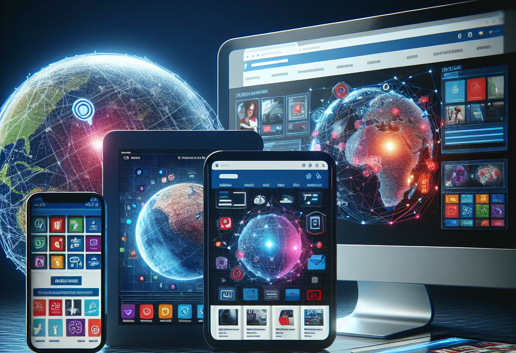 Devices with globe interface displaying connected data; apps and screens, blue and red.