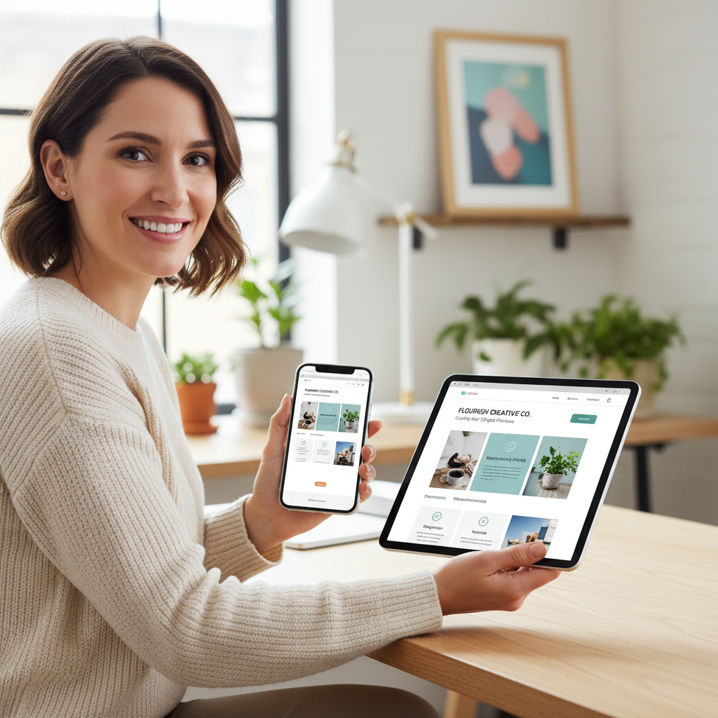 Woman holding a phone and tablet showing a mobile friendly website.