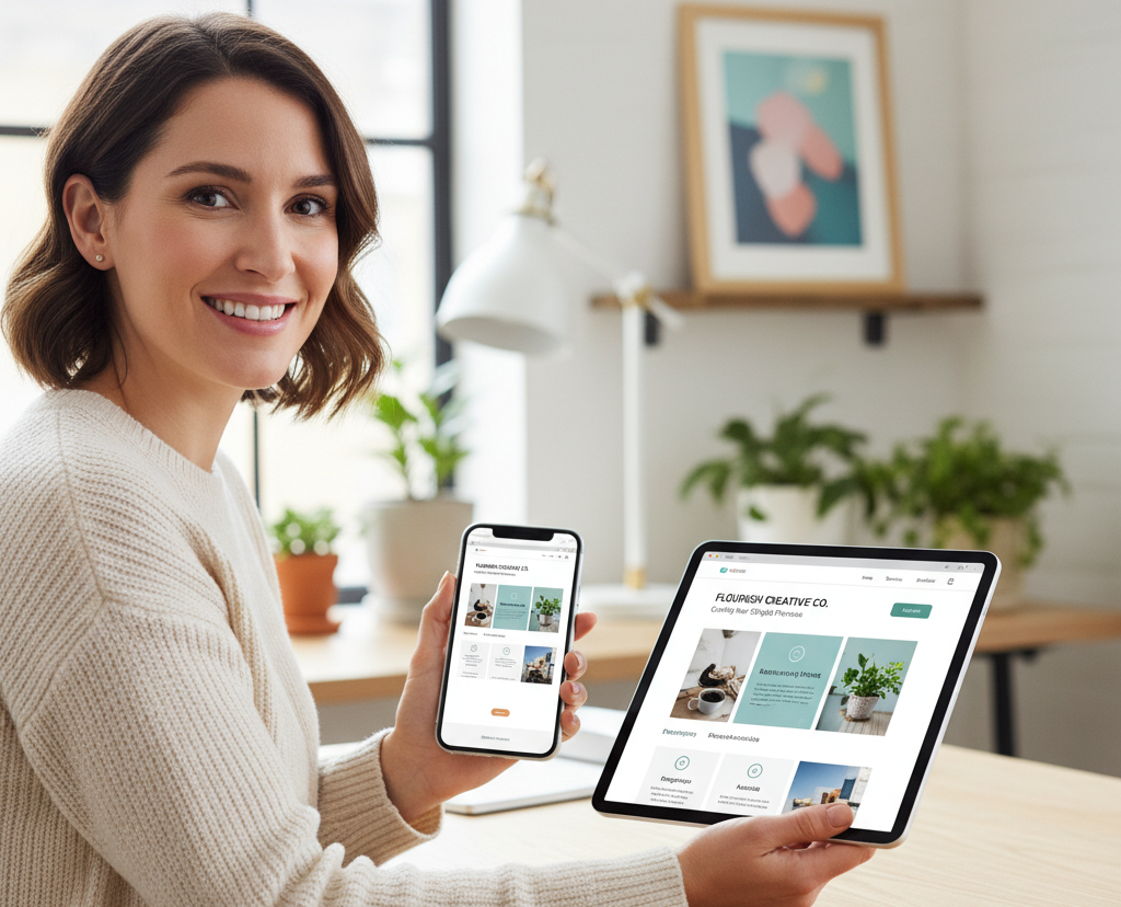 Woman holding phone and tablet showing a responsive website on both devices.