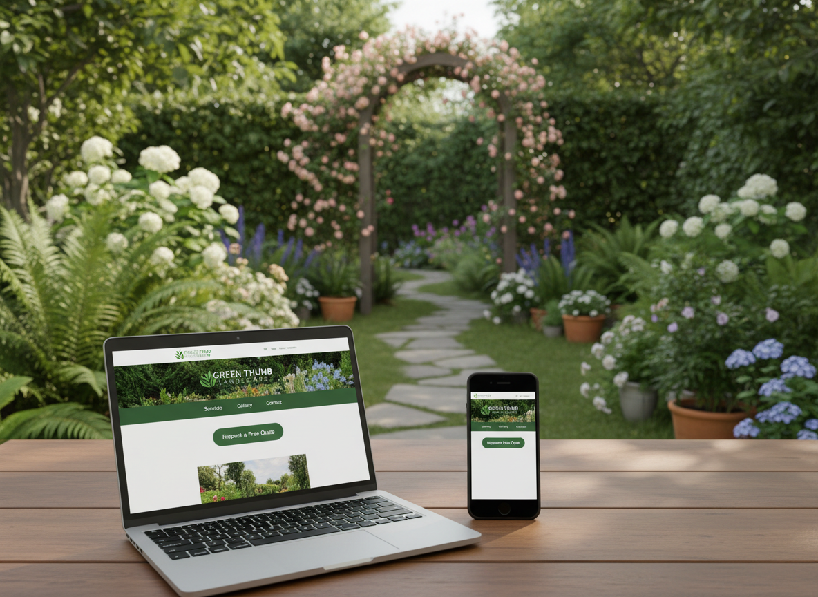 Outdoor workspace with laptop and smartphone on wooden table, both displaying landscaping website, lush garden and stone path in background