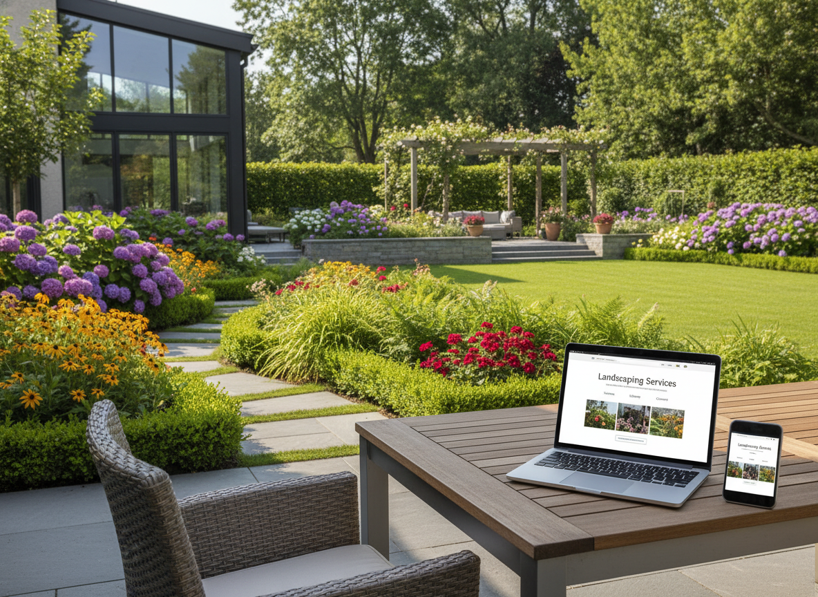 Panoramic landscaped garden with flower beds, stone path, laptop and smartphone showing landscaping 