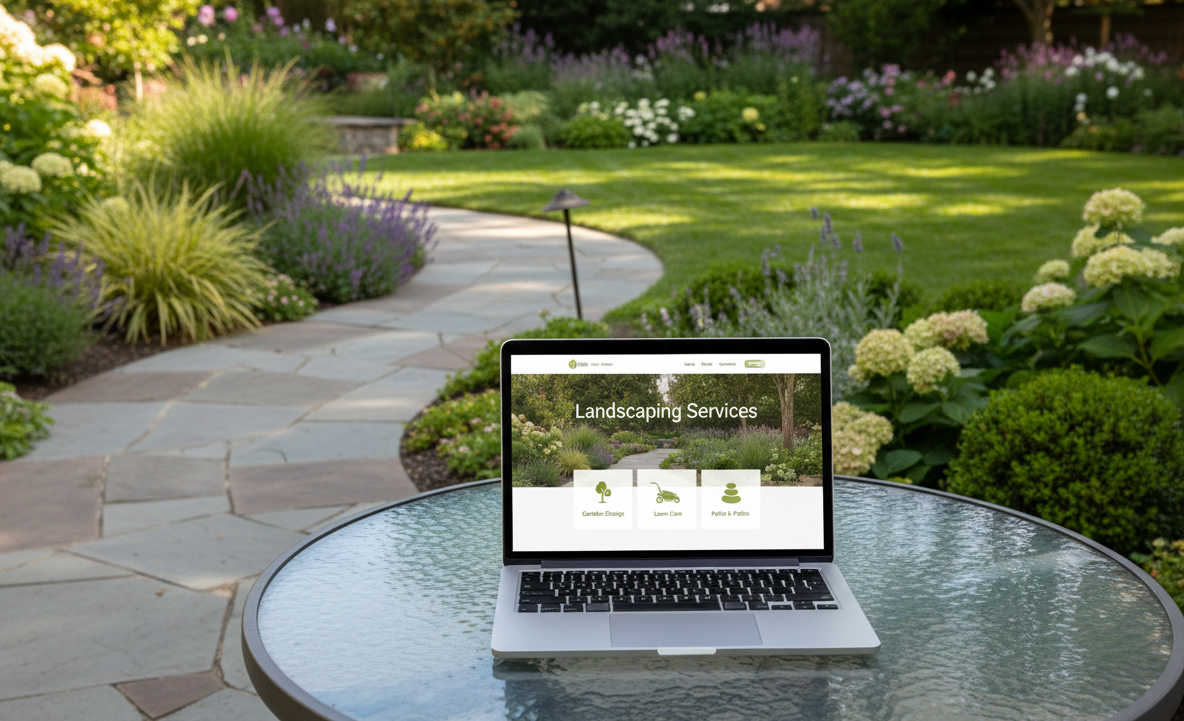 Modern garden with stone path and green lawn, laptop displaying a professional landscaping business website homepage