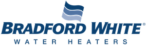 Bradford White water heaters logo: blue text and waves symbol.