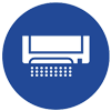 White air conditioner icon emitting air, set in a blue circle.