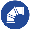 White, angled pipe fitting in a blue circle, likely indicating direction or installation instructions.