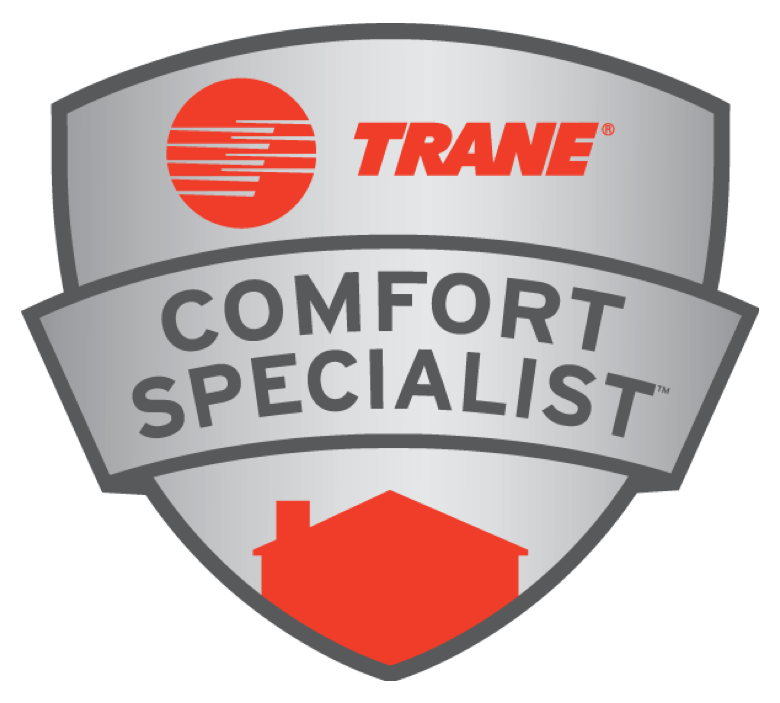 Trane Comfort Specialist badge, silver shield shape, red house icon, Trane logo in red, gray border.