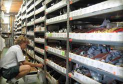 Person crouches to sort items on shelves in a storage room. Shelves packed with organized containers. Person crouches to sort items on shelves in a storage room. Shelves packed with organized containers.