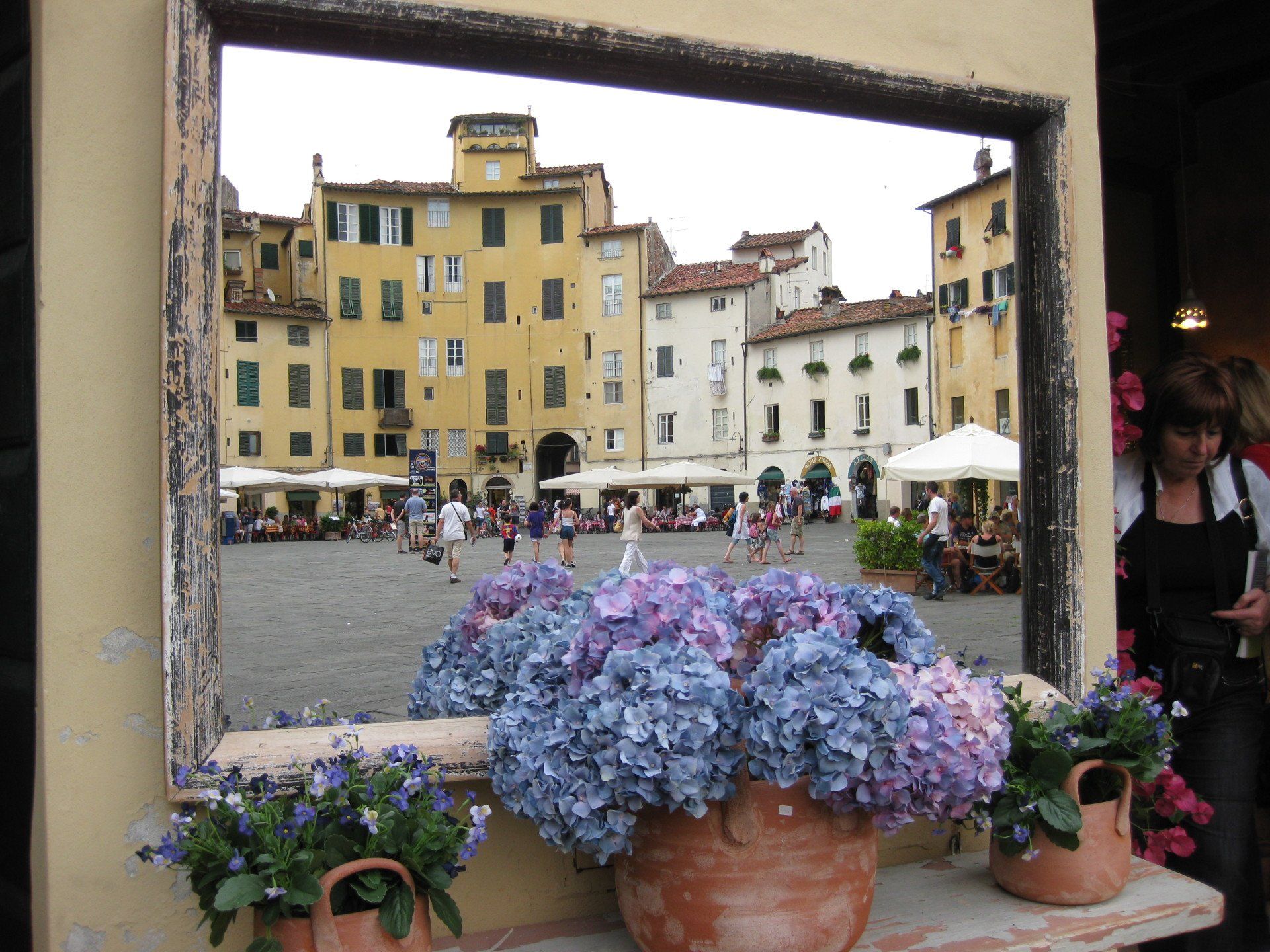 Piazza Anfiteatro di Lucca riflessa in uno specchio Guida turistica di Lucca Stella Fabiano