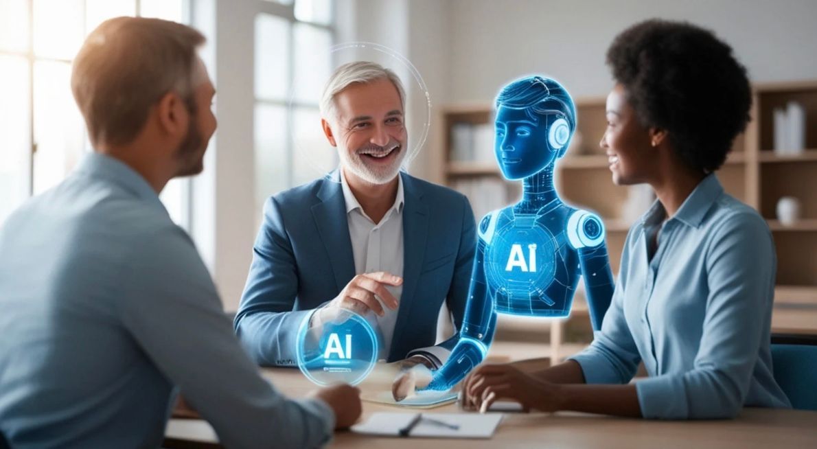 People discussing with a holographic AI robot at a table in an office setting.