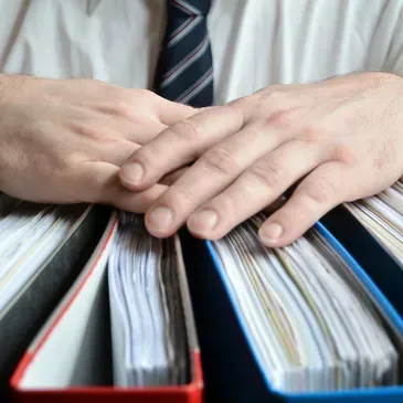 A man in a tie is holding binders with his hands