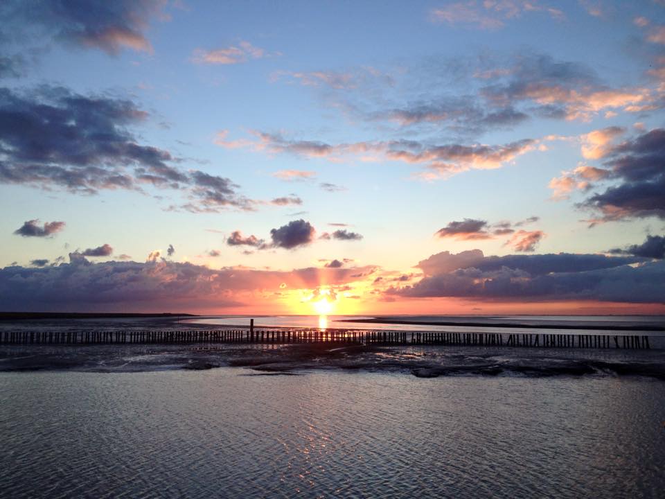 Sonnenuntergang über dem Wasser mit Holzpfosten. Orange Sonne, blauer Himmel, Wolken, reflektierendes Wasser.