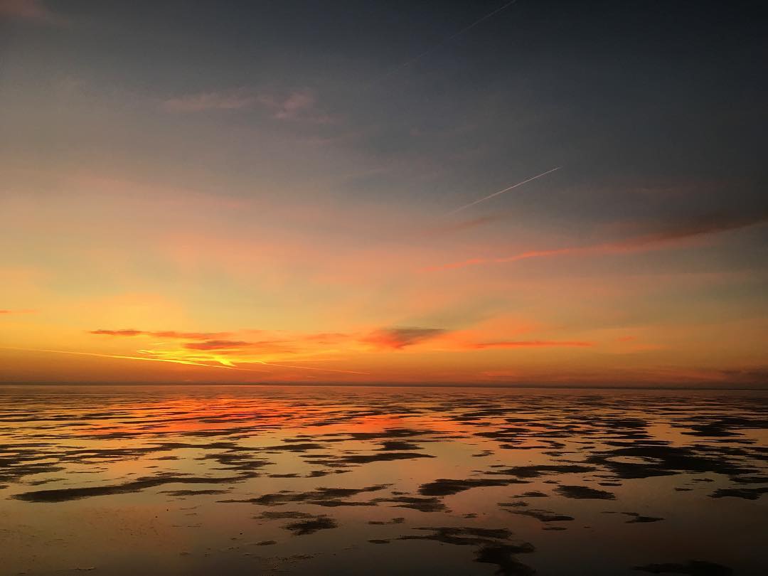 Sonnenuntergang über einem nassen, spiegelnden Watt. Orangefarbener und gelber Himmel spiegelt sich im Wasser.