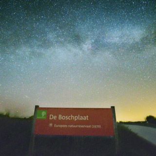 Schild für das Naturschutzgebiet De Boschplaat unter einem sternenklaren Nachthimmel.