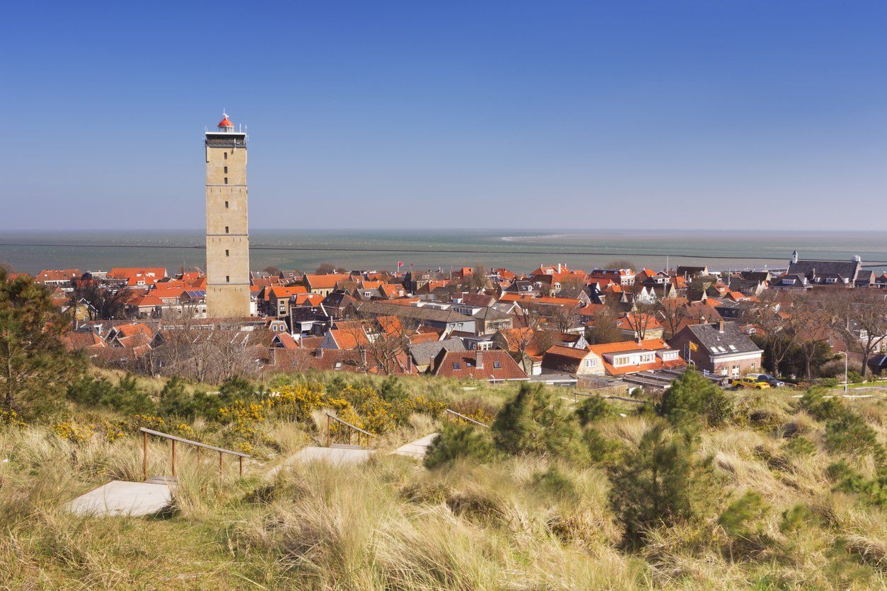 Blick auf West-Terschelling mit Leuchtturm Brandaris, orangefarbenen Dächern und grüner Vegetation unter blauem Himmel.