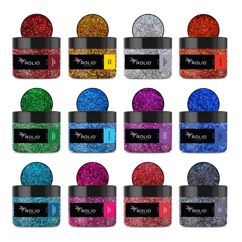 12 Vibrant Glitter Set Close-ups of Mica Powder