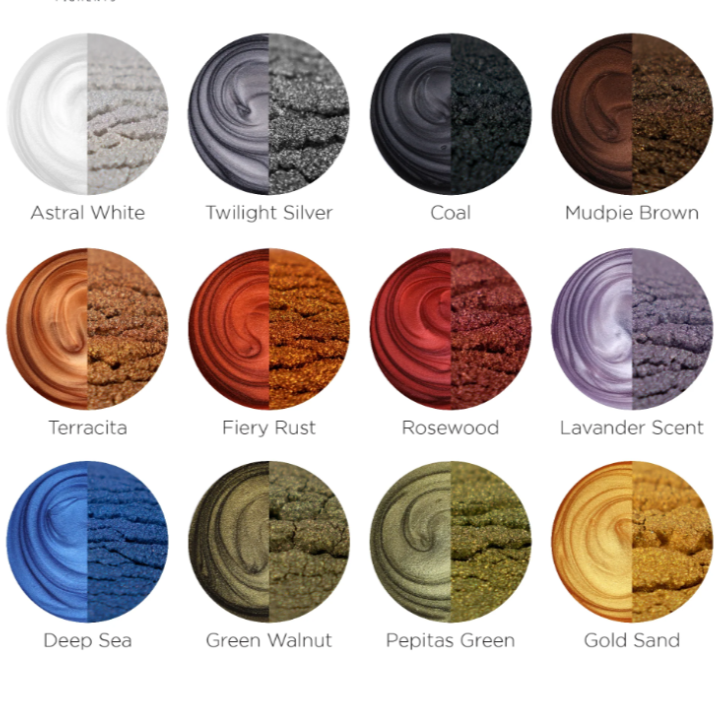 In use vs powder of Earth Color set of Mica Powders available in 10g jars