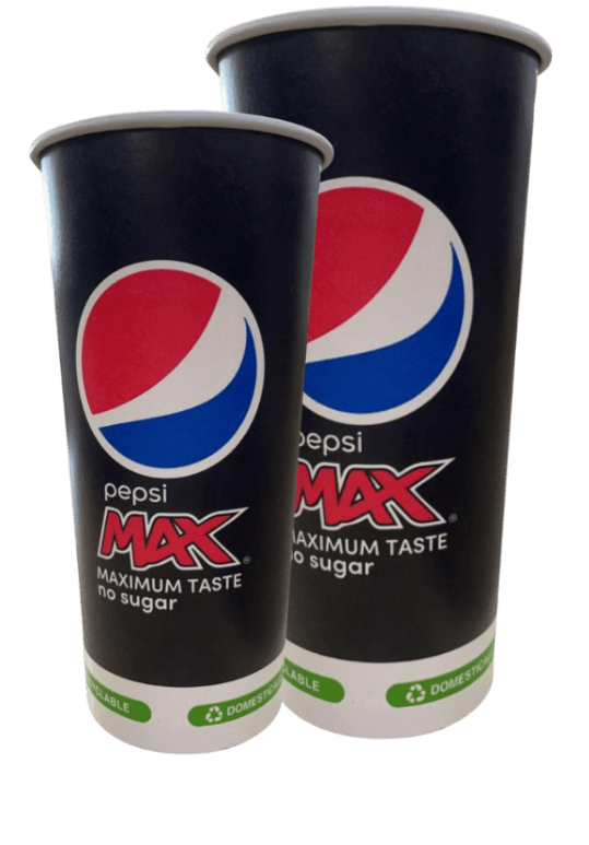 Two Pepsi Max cups, one smaller than the other, with the Pepsi logo and text, against a white background.