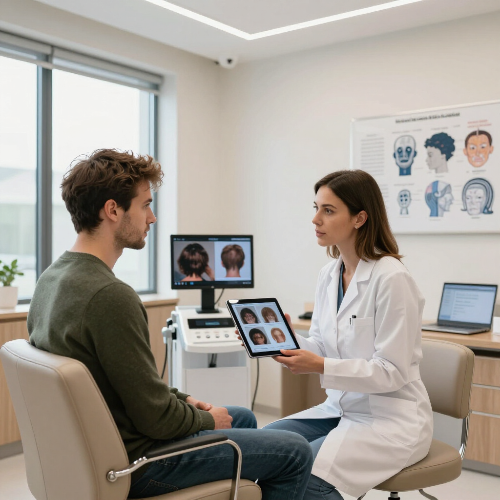 A medical professional in a white coat shows a patient a tablet displaying images during a hair restoration consultation.