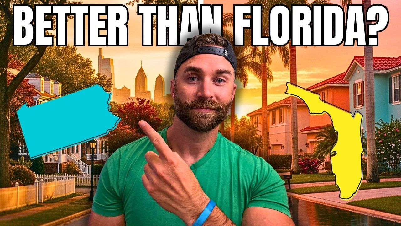 Man points at Pennsylvania and Florida outlines; title 