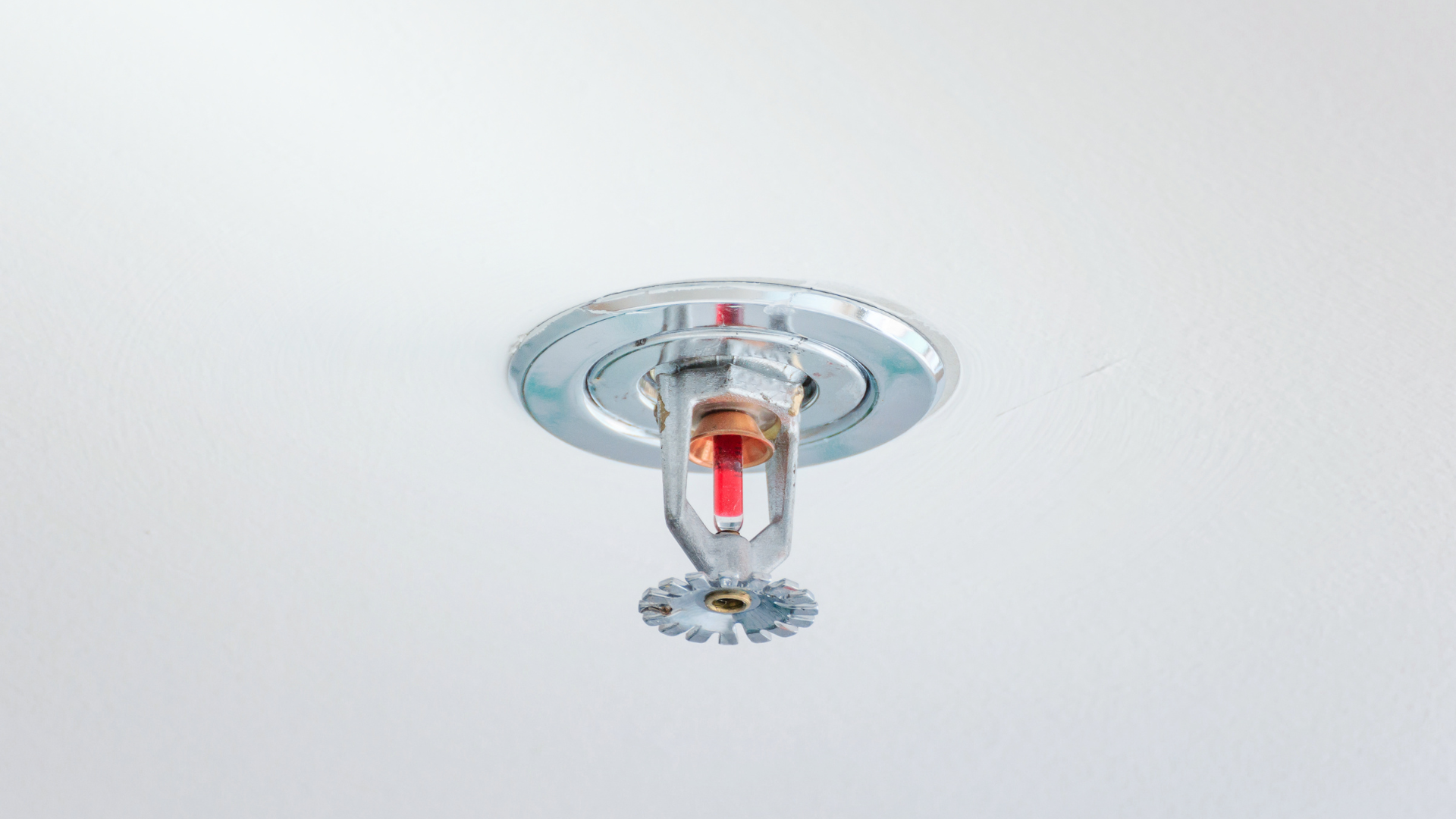 A fire sprinkler is hanging from the ceiling on a white background.