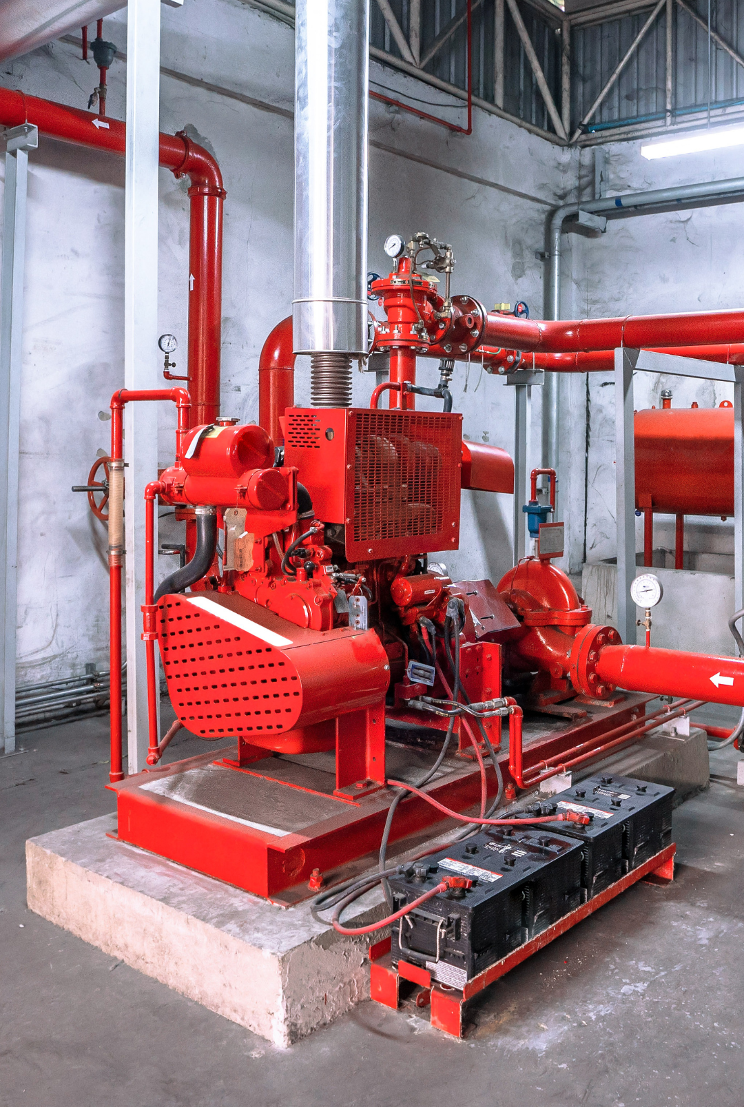 A large red machine is sitting in a room with lots of pipes.