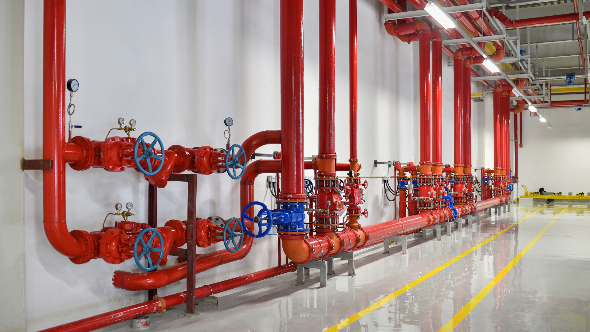 A room with a lot of red pipes and valves on the wall.