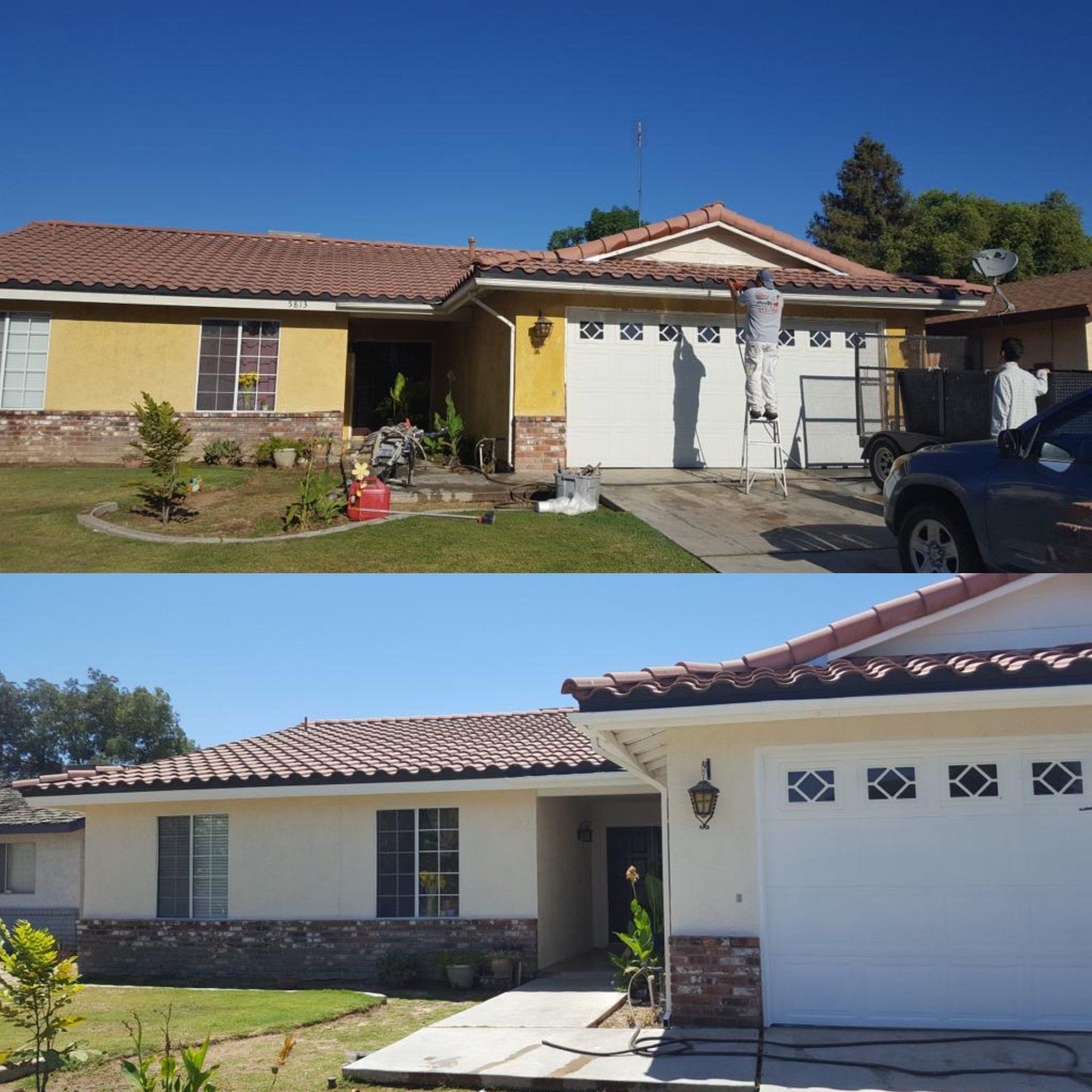 A before and after picture of a house being painted