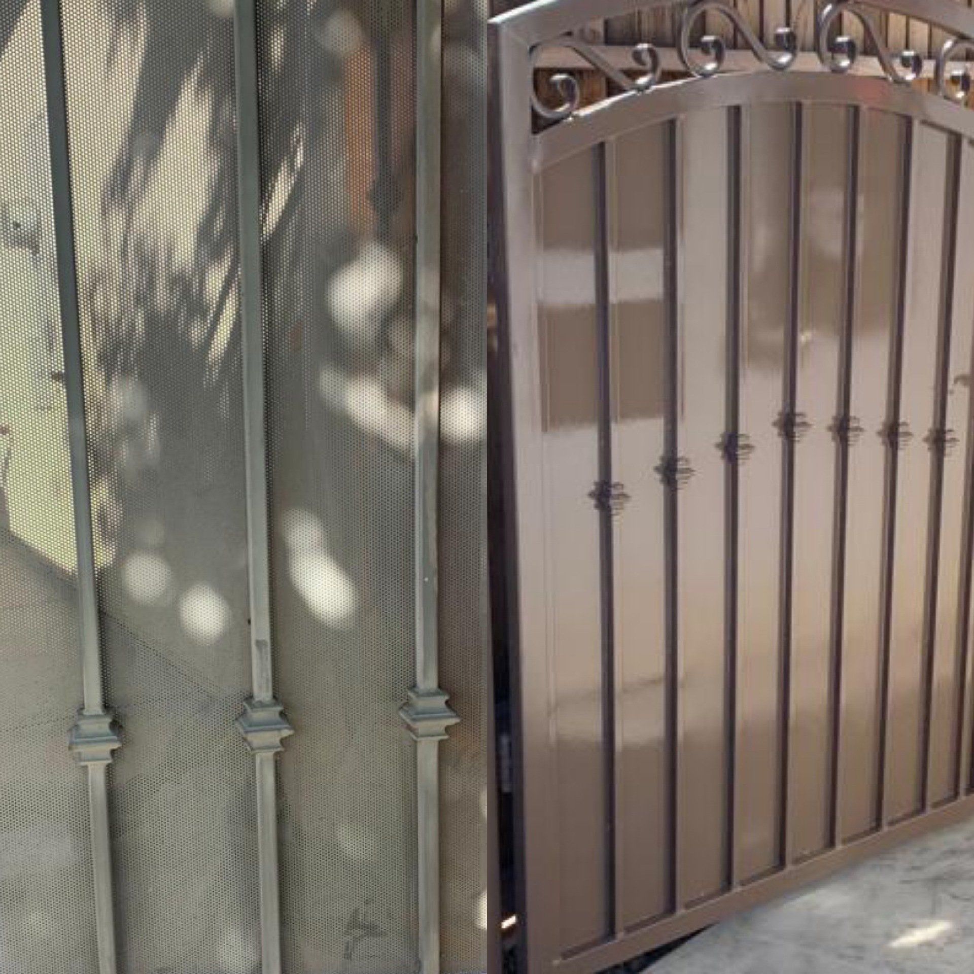 A metal gate with a shadow of a tree on it