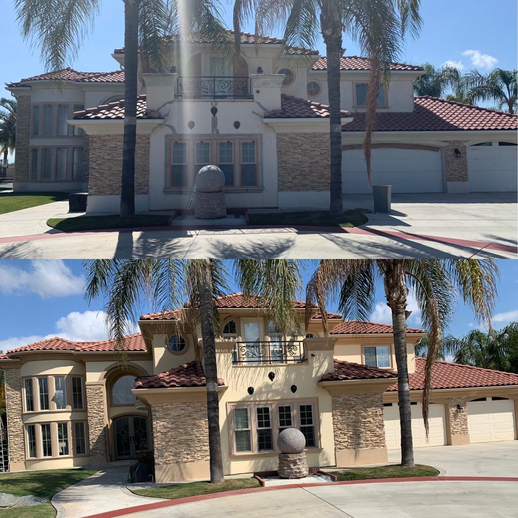 A before and after picture of a house with palm trees