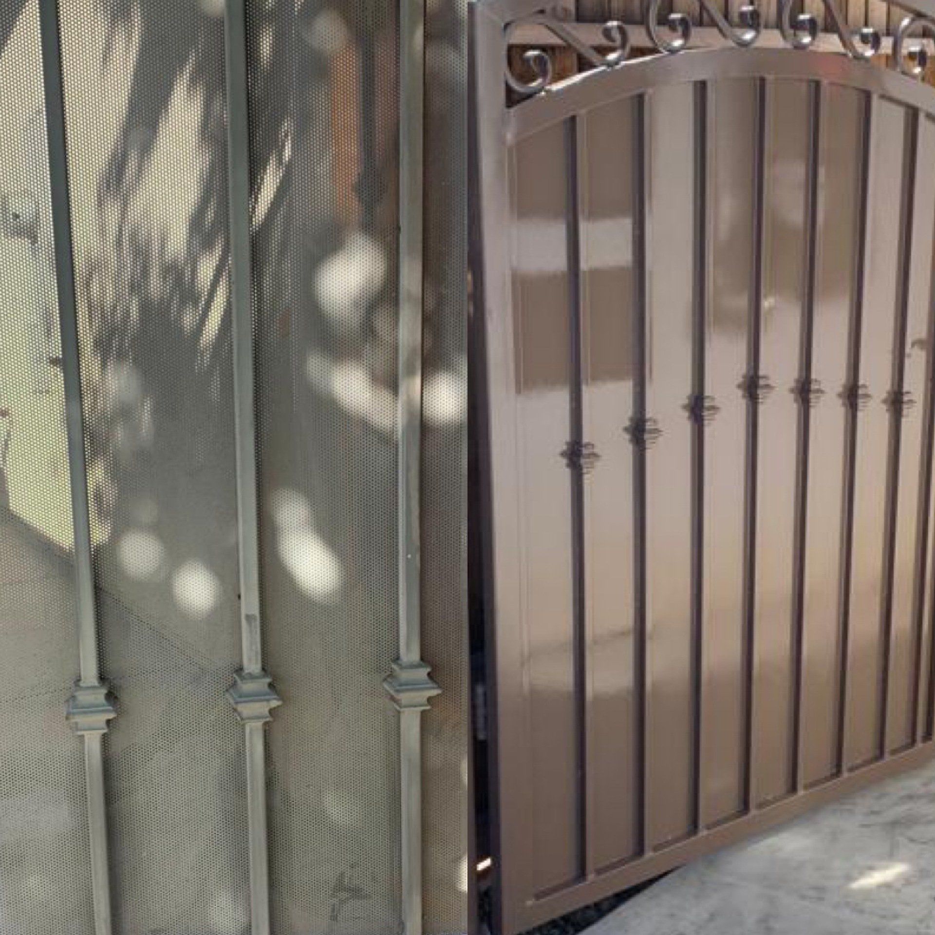 A wrought iron gate with a shadow of a tree on it