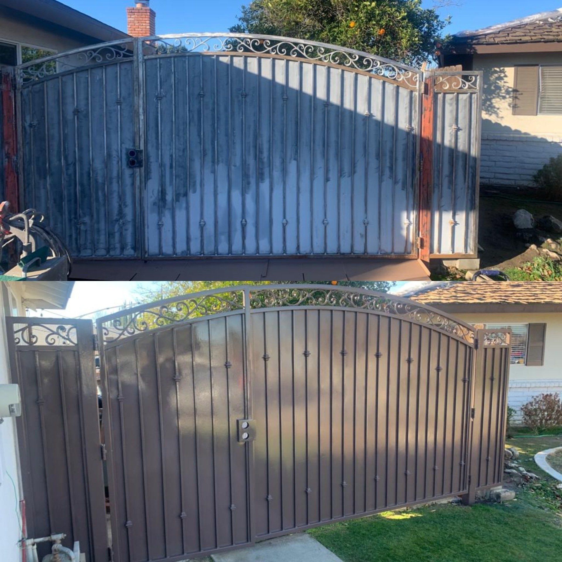 A before and after picture of a metal gate being painted.