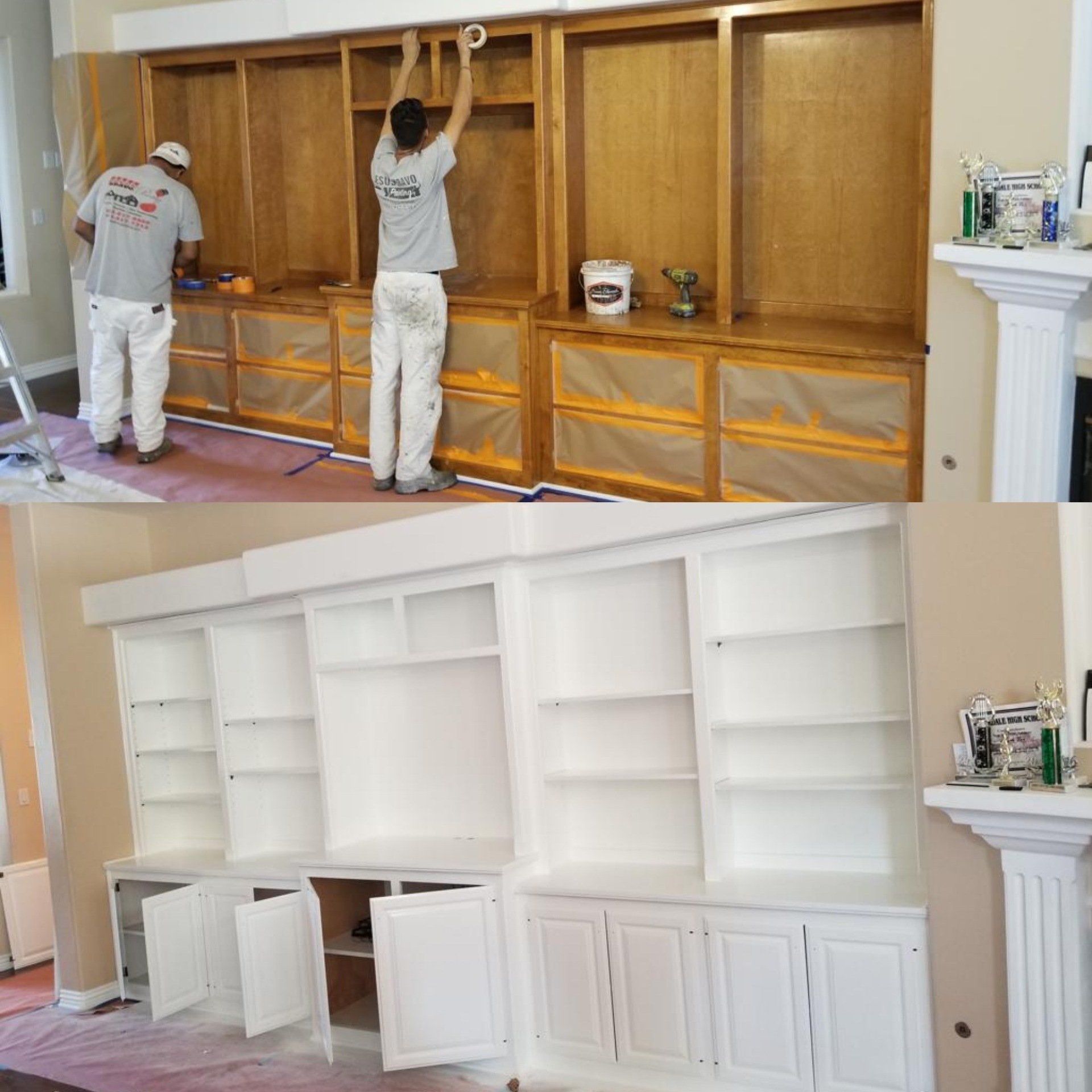 Two pictures of a man painting a wall of shelves