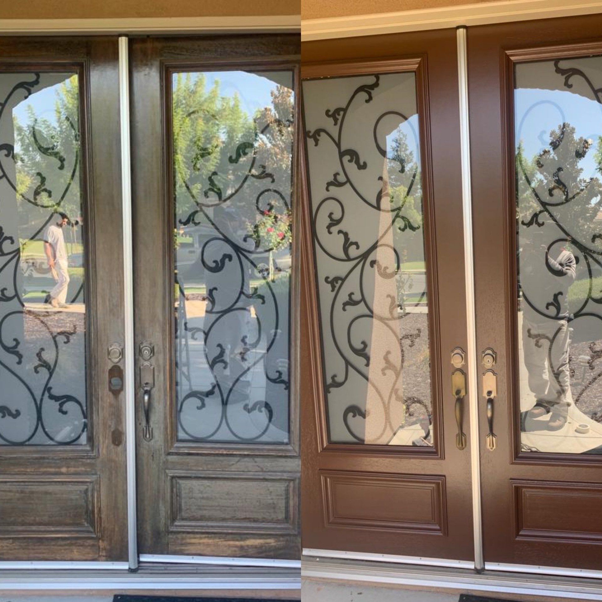 A before and after picture of a wooden door with a wrought iron design.