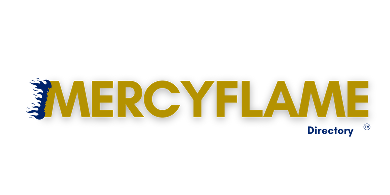 The mercyflame logo is on a gold and blue design. 