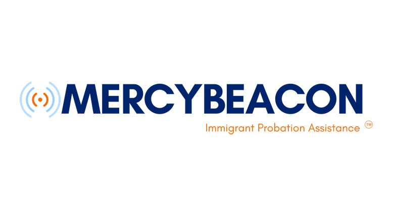 The mercy beacon logo is on a blue and orange.