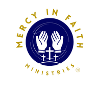 A logo for mercy in faith ministries with two hands and a cross