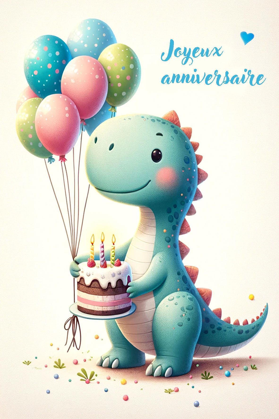 carte anniversaire avec un petit dinosaure qui porte un gateau et des ballons