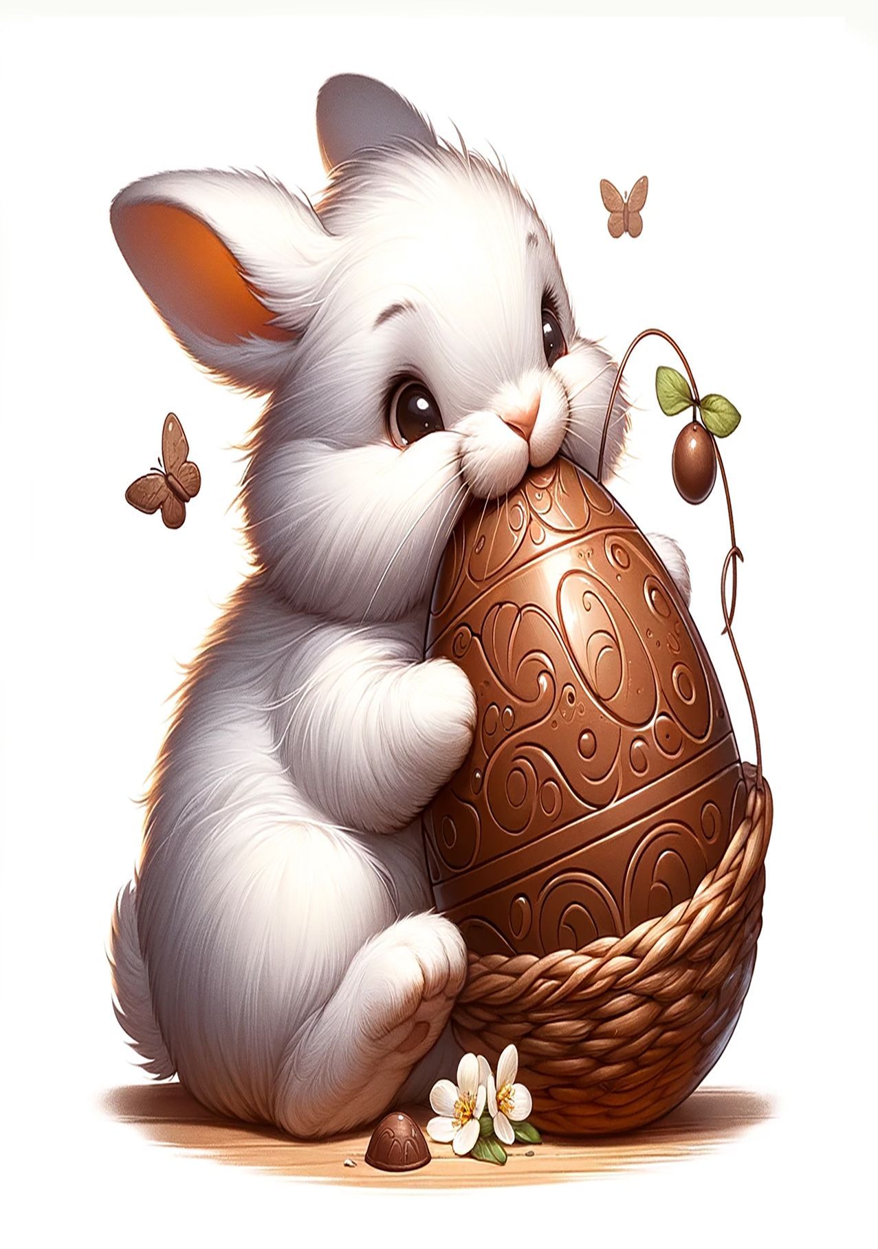 carte d'un lapin qui mange un gros oeuf en chocolat